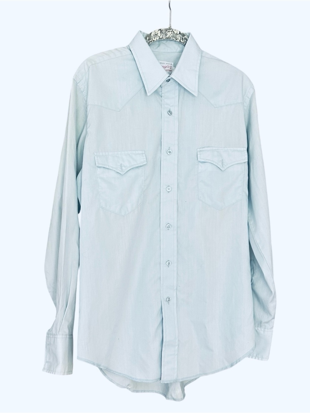 Vintage 70s Wrangler Western Shirt Mens Light Blue Long Tails 16-34 USA